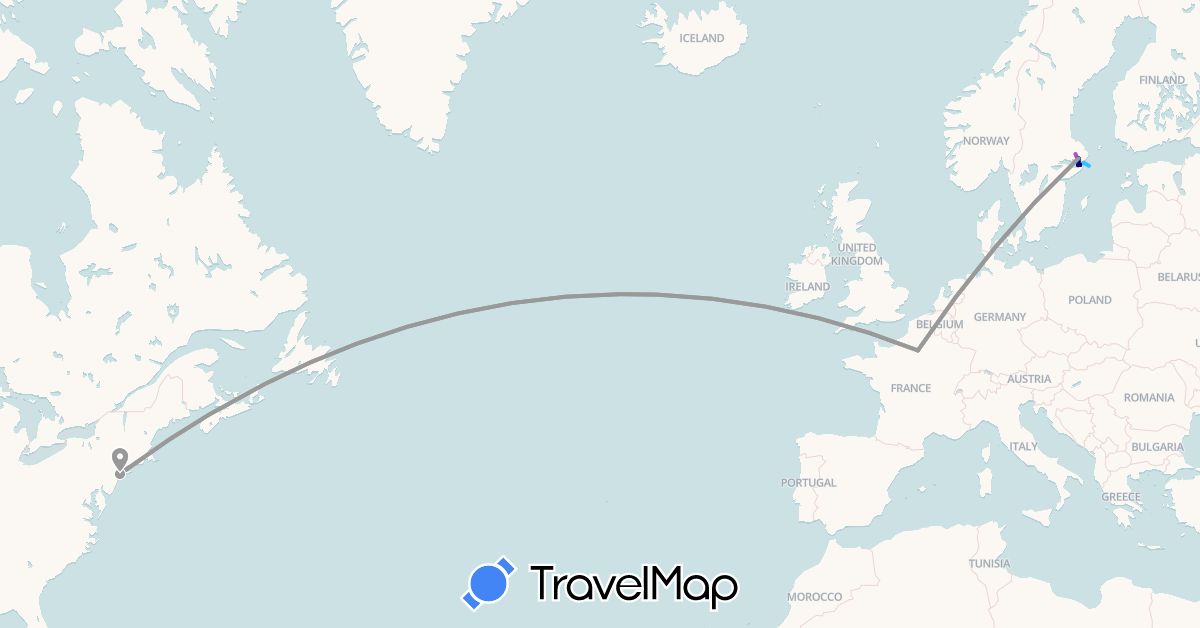 TravelMap itinerary: driving, plane, train, boat in France, Sweden, United States (Europe, North America)