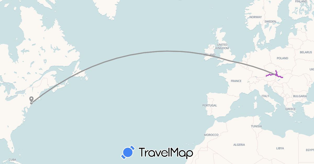 TravelMap itinerary: driving, plane, train in Austria, United Kingdom, Hungary, Slovakia, United States (Europe, North America)